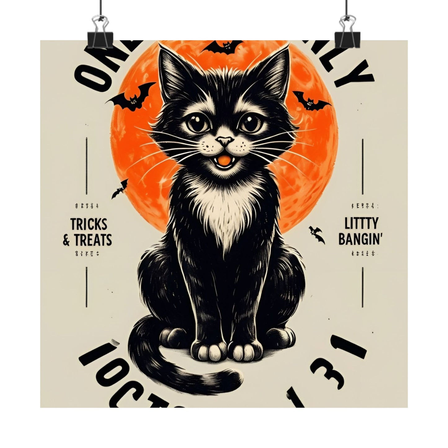 Halloween Black Cat Design | One Night Only October 31 Vintage Artwork Design Poster