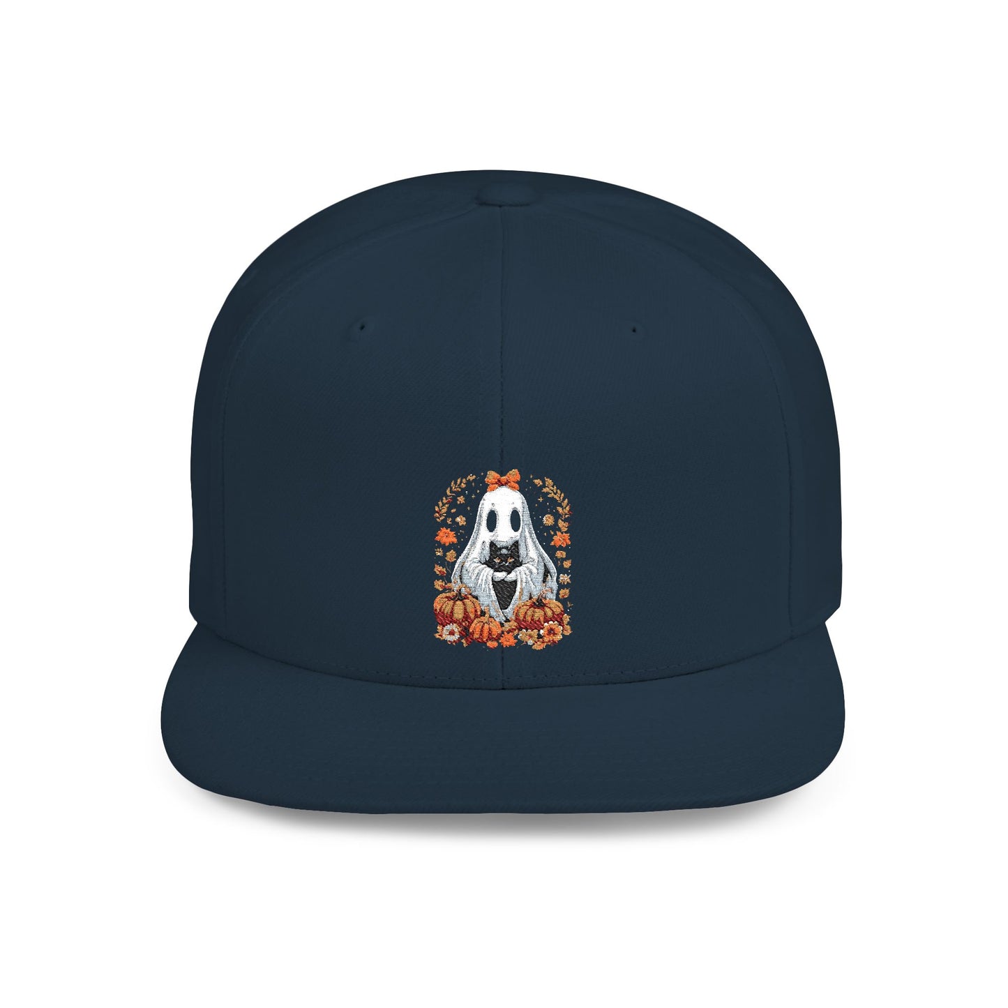 Cute Ghost and Black Cat Halloween T-Shirt | Cozy Fall Pumpkin Shirt | Spooky Season Aesthetic Apparel Gift for Halloween Lovers Snapback Cap