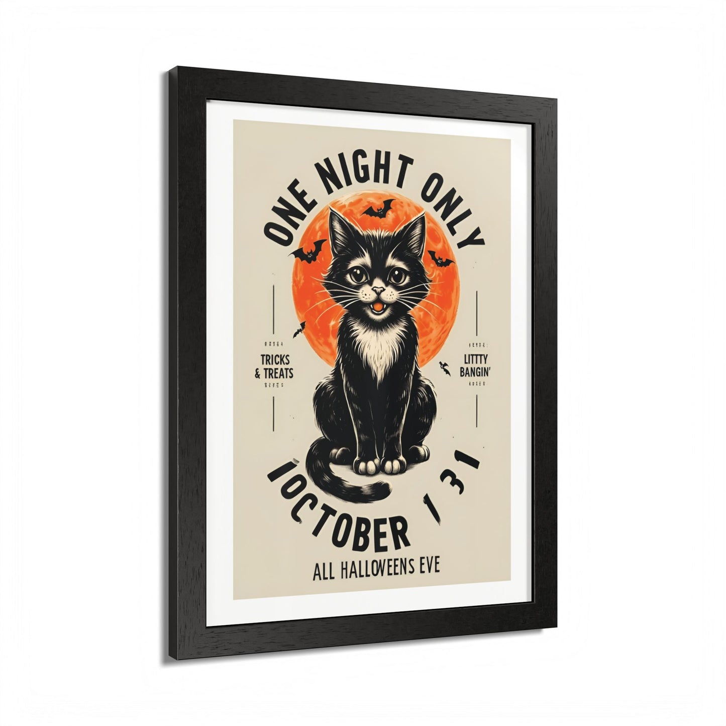 Halloween Black Cat Design | One Night Only October 31 Vintage Artwork Framed Print