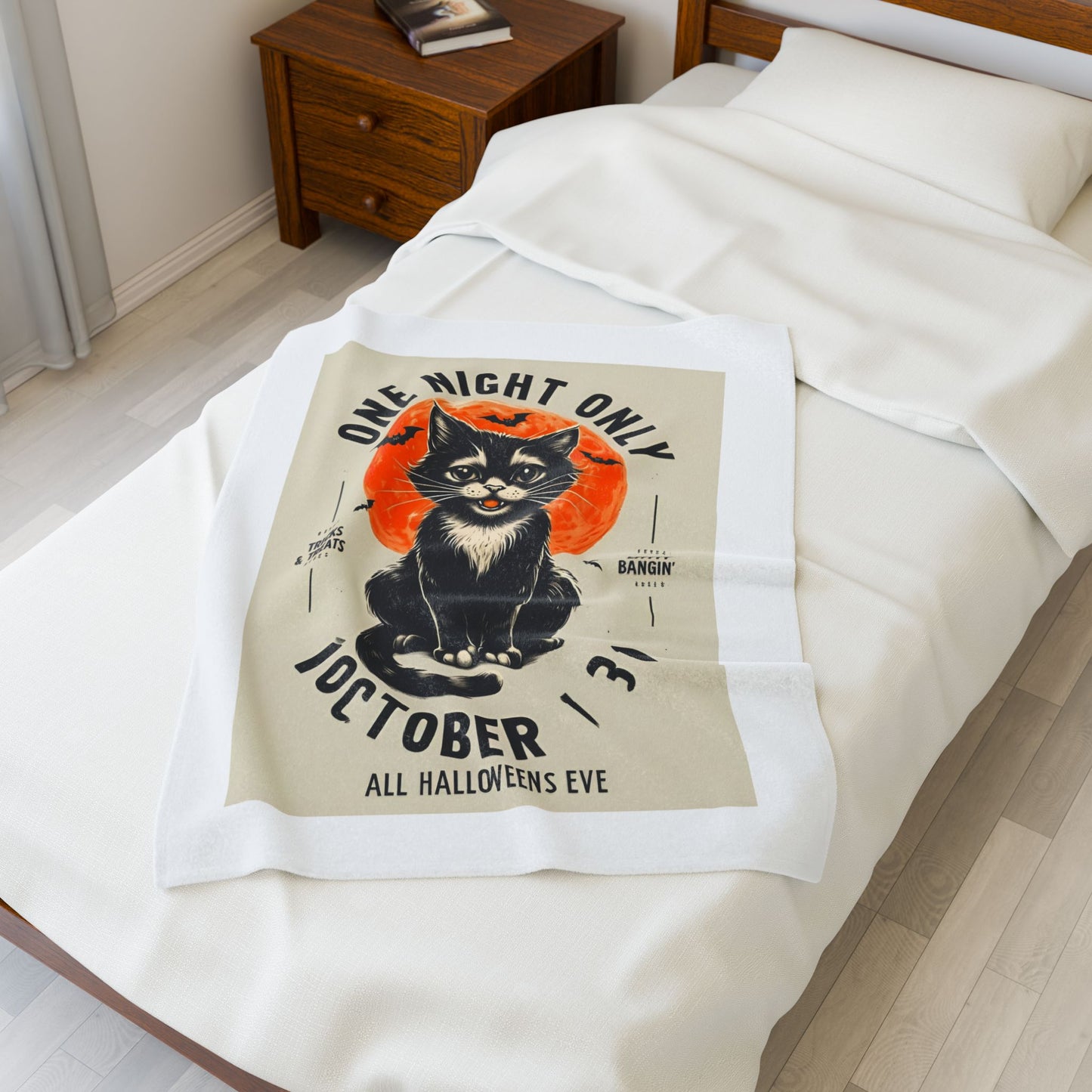 Halloween Black Cat Design | One Night Only October 31 Vintage Artwork Blanket