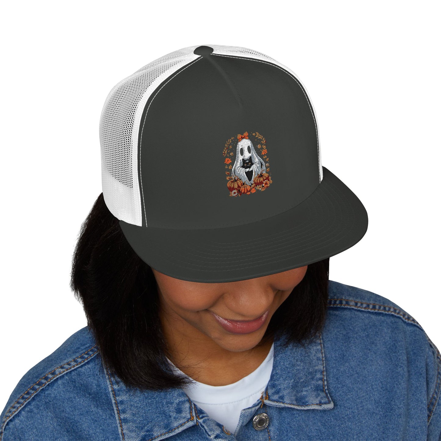 Cute Ghost and Black Cat Halloween T-Shirt | Cozy Fall Pumpkin Shirt | Spooky Season Aesthetic Apparel Gift for Halloween Lovers 5 Panel Trucker