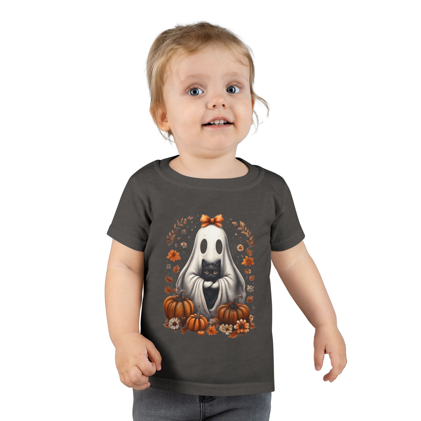 Cute Ghost and Black Cat Halloween T-Shirt | Cozy Fall Pumpkin Shirt | Spooky Season Aesthetic Apparel Gift for Halloween Lovers Toddler T-Shirt