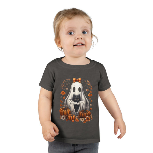 Cute Ghost and Black Cat Halloween T-Shirt | Cozy Fall Pumpkin Shirt | Spooky Season Aesthetic Apparel Gift for Halloween Lovers Toddler T-Shirt