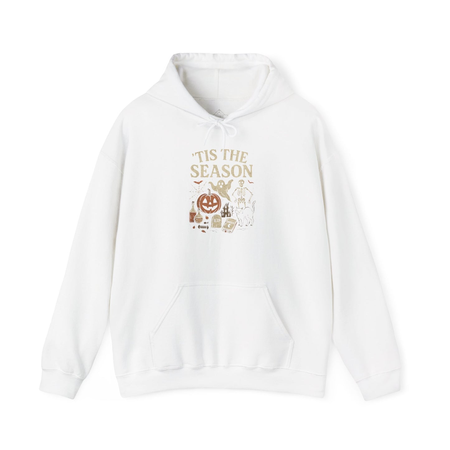‘Tis the Season Halloween T‑Shirt | Vintage Spooky Season Shirt with Ghost, Skeleton & Pumpkin | Retro Halloween Graphic Tee for Fall