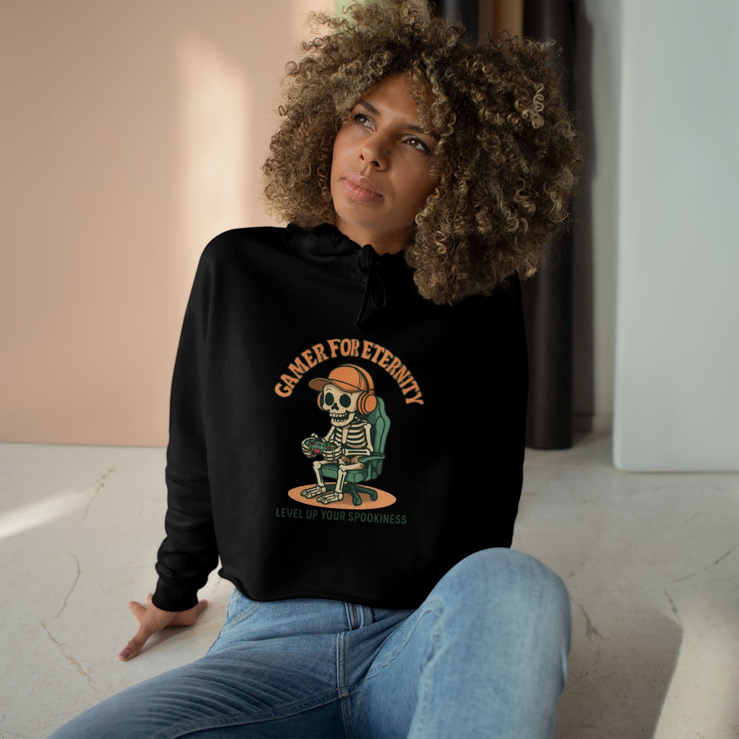 Gamer Crop Hoodie, Cute Skeleton Hoodie, Level Up Your Spookiness, Halloween Sweater, Gaming Apparel, Fun Casual Wear