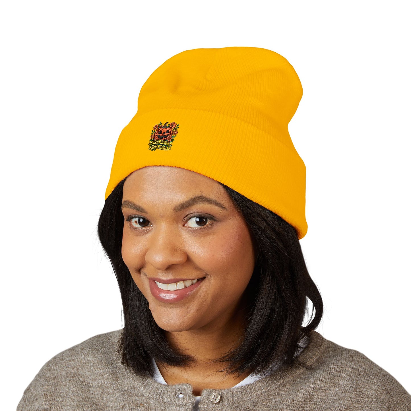 Cute Pumpkin Design – Sorta Sweet, Sorta Spooky Halloween Artwork Cuffed Beanie