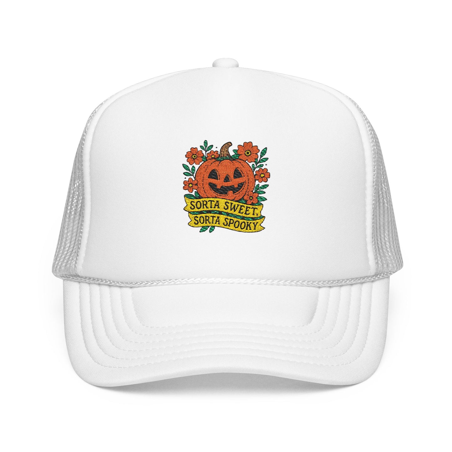 Cute Pumpkin Design – Sorta Sweet, Sorta Spooky Halloween Artwork Trucker Hat Embroidered