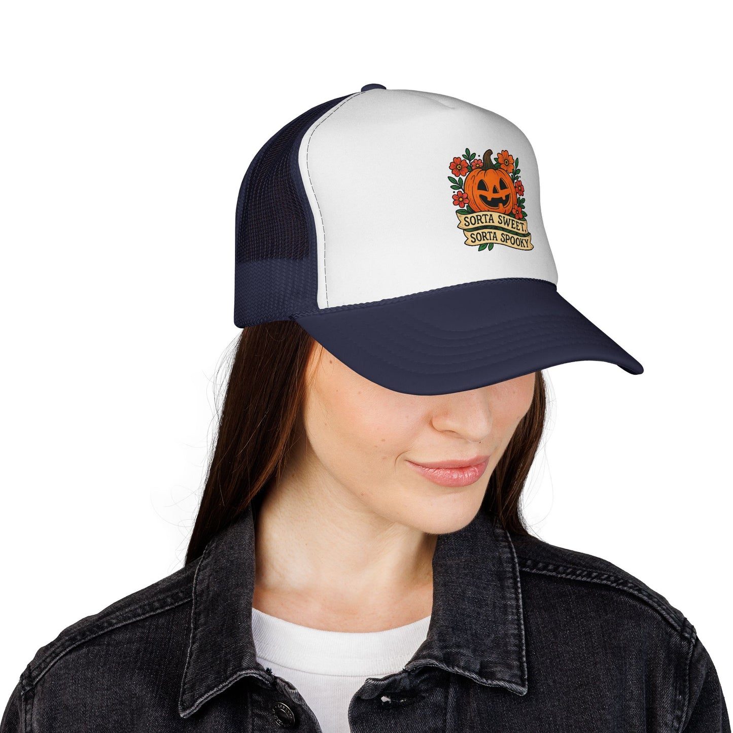 Cute Pumpkin Design – Sorta Sweet, Sorta Spooky Halloween Artwork Trucker Hat printed