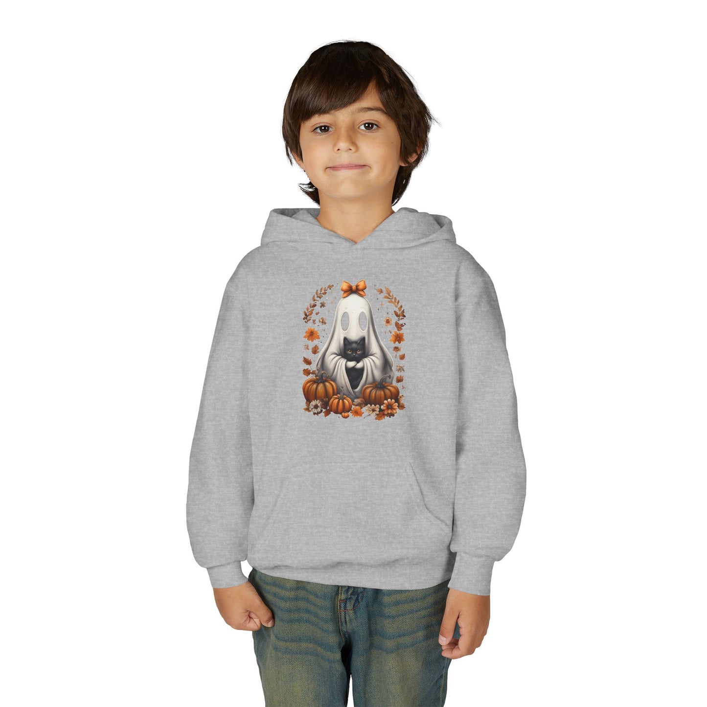 Cute Ghost and Black Cat Halloween T-Shirt | Cozy Fall Pumpkin Shirt | Spooky Season Aesthetic Apparel Gift for Halloween Lovers Kids Hoodie