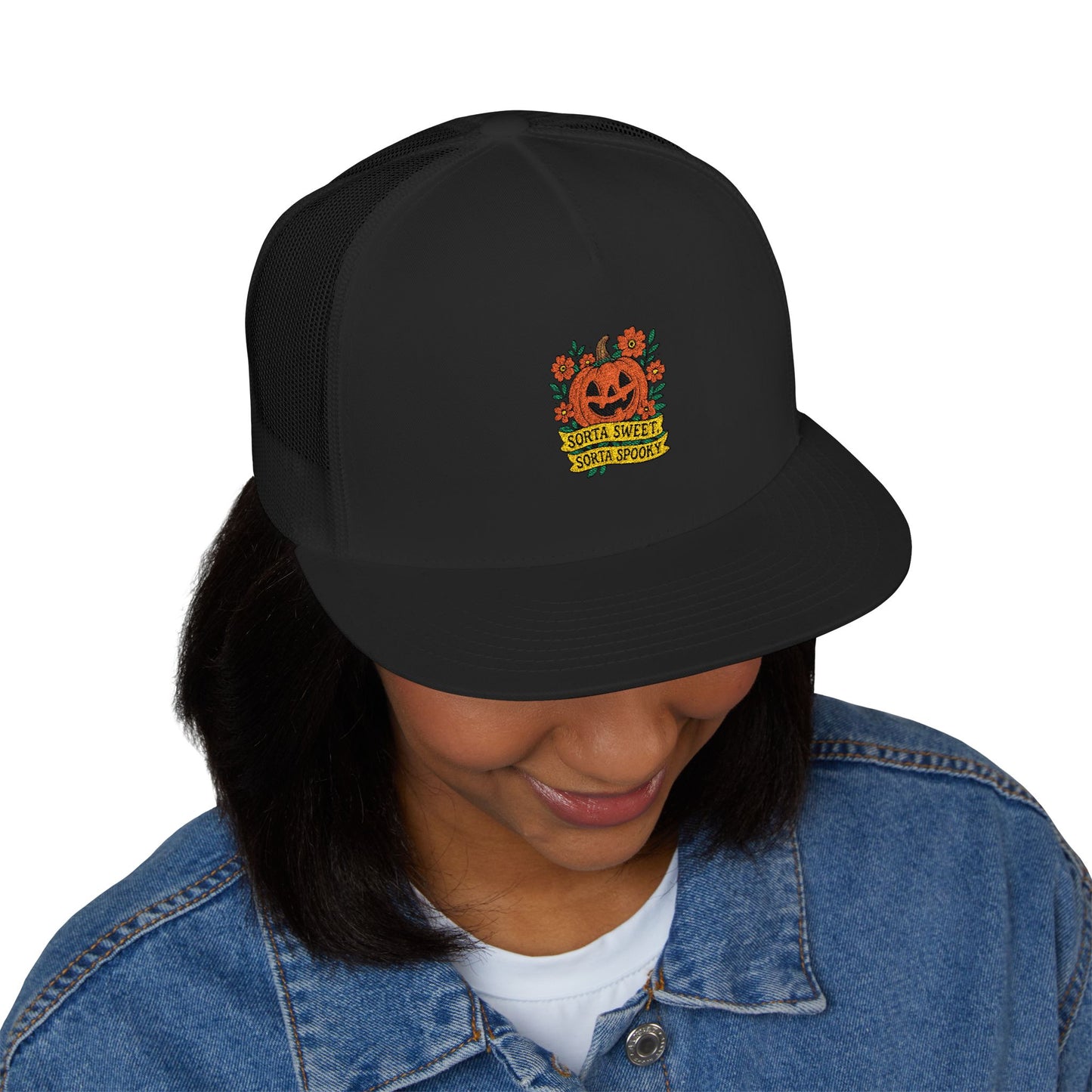 Cute Pumpkin Design – Sorta Sweet, Sorta Spooky Halloween Artwork 5 Panel Trucker