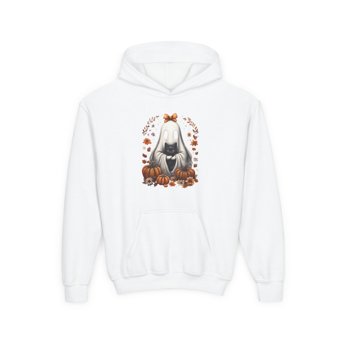 Cute Ghost and Black Cat Halloween T-Shirt | Cozy Fall Pumpkin Shirt | Spooky Season Aesthetic Apparel Gift for Halloween Lovers Kids Hoodie