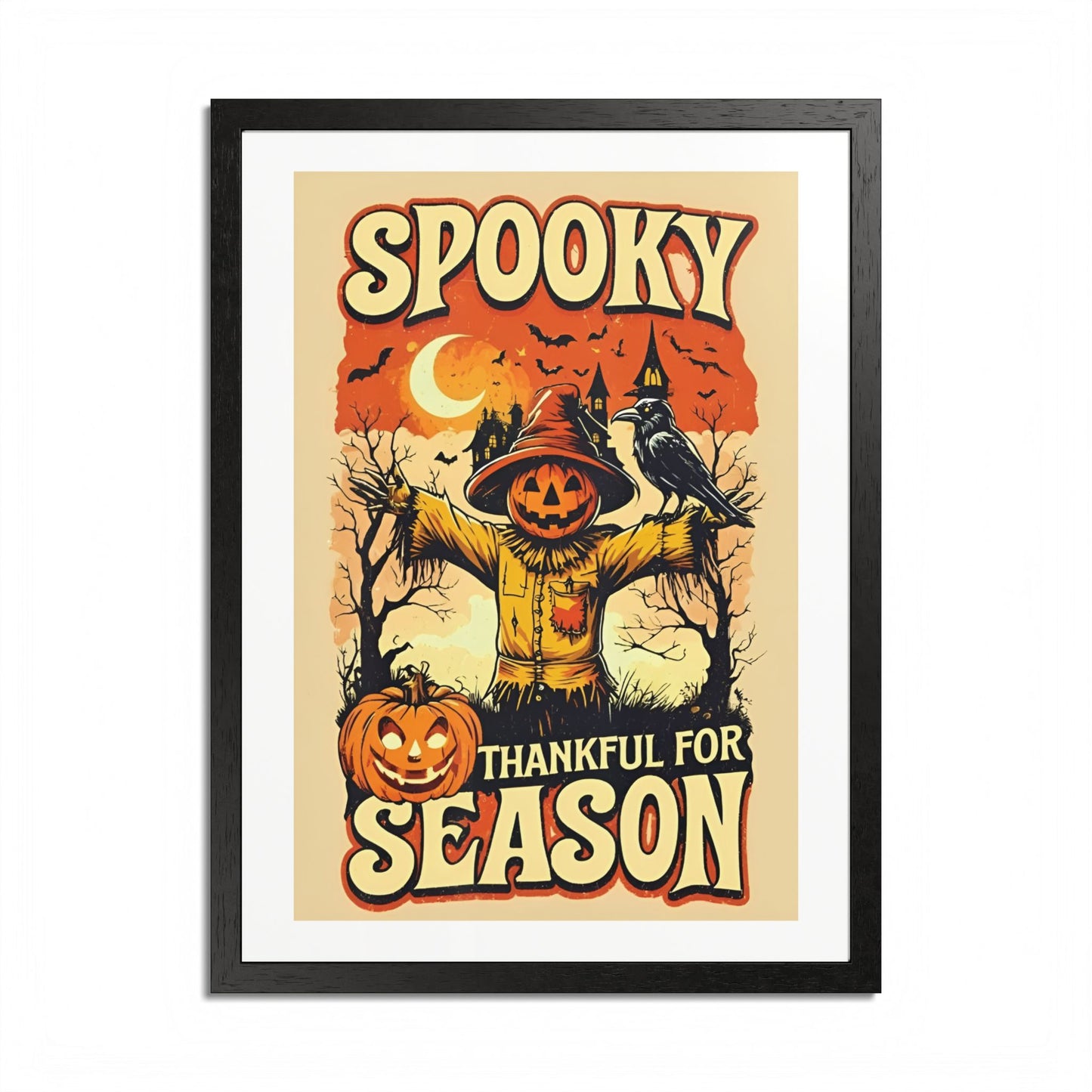 Spooky Thankful for the Season Wall Art – Halloween Pumpkin Scarecrow Poster | Autumn Fall Décor Framed Print