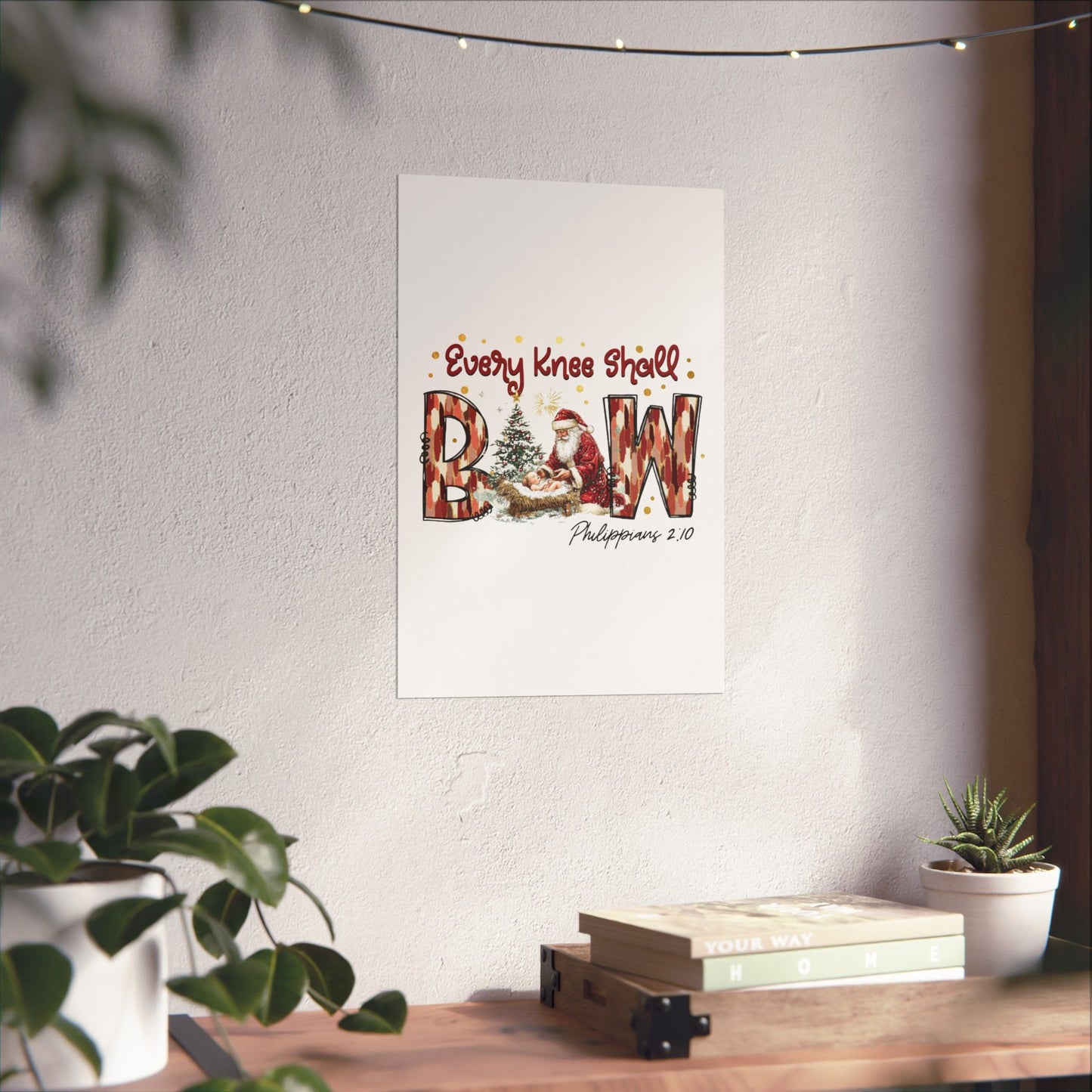 Every Knee Shall Bow Philippians 2:10 | Christian Christmas Design with Santa & Baby Jesus | Faith-Based Holiday Gift Poster