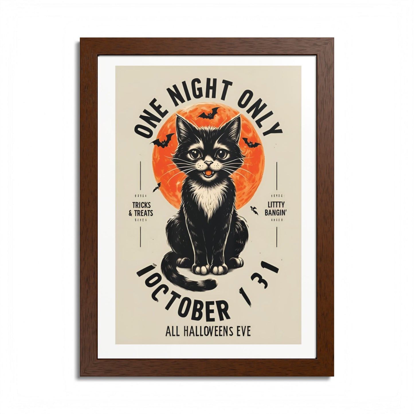 Halloween Black Cat Design | One Night Only October 31 Vintage Artwork Framed Print