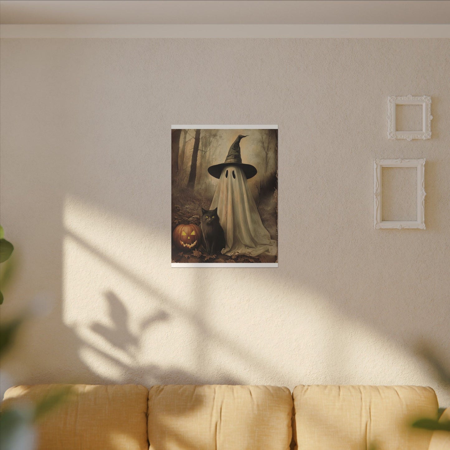 Halloween Ghost Art Canvas Print, Spooky Home Decor, Cat & Pumpkin Wall Art, Witchy Vibe, Fall Season Decoration, Trick or Treat, Canvas Print
