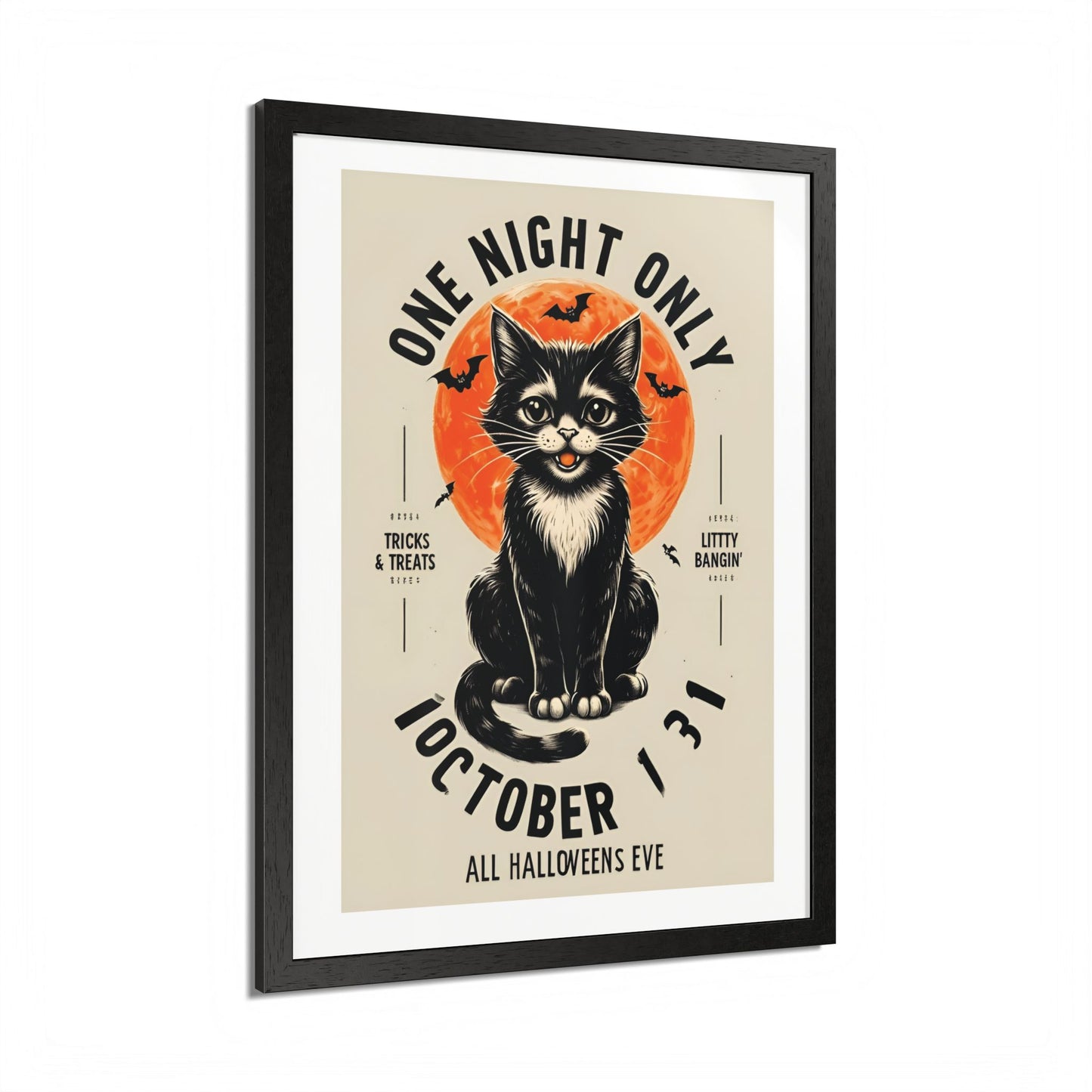 Halloween Black Cat Design | One Night Only October 31 Vintage Artwork Framed Print