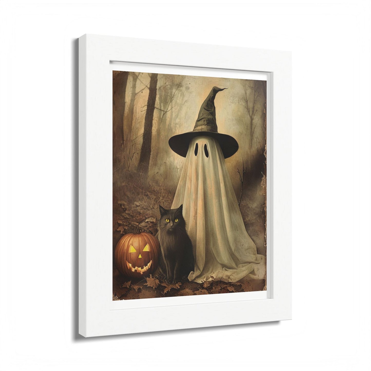 Halloween Framed Poster, Ghost and Cat Art, Spooky Home Decor, Fall Decoration, Trick or Treat, Halloween Wall Art, Framed Print