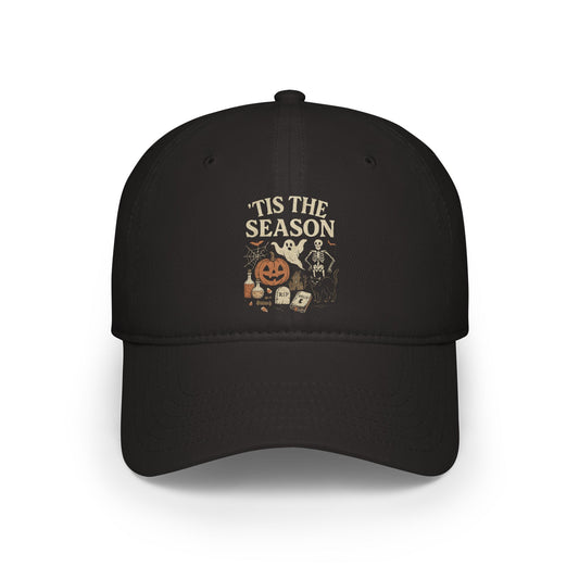 ‘Tis the Season Halloween  | Vintage Spooky Season Shirt with Ghost, Skeleton & Pumpkin | Retro Halloween Graphic Tee for Fall Baseball Caps