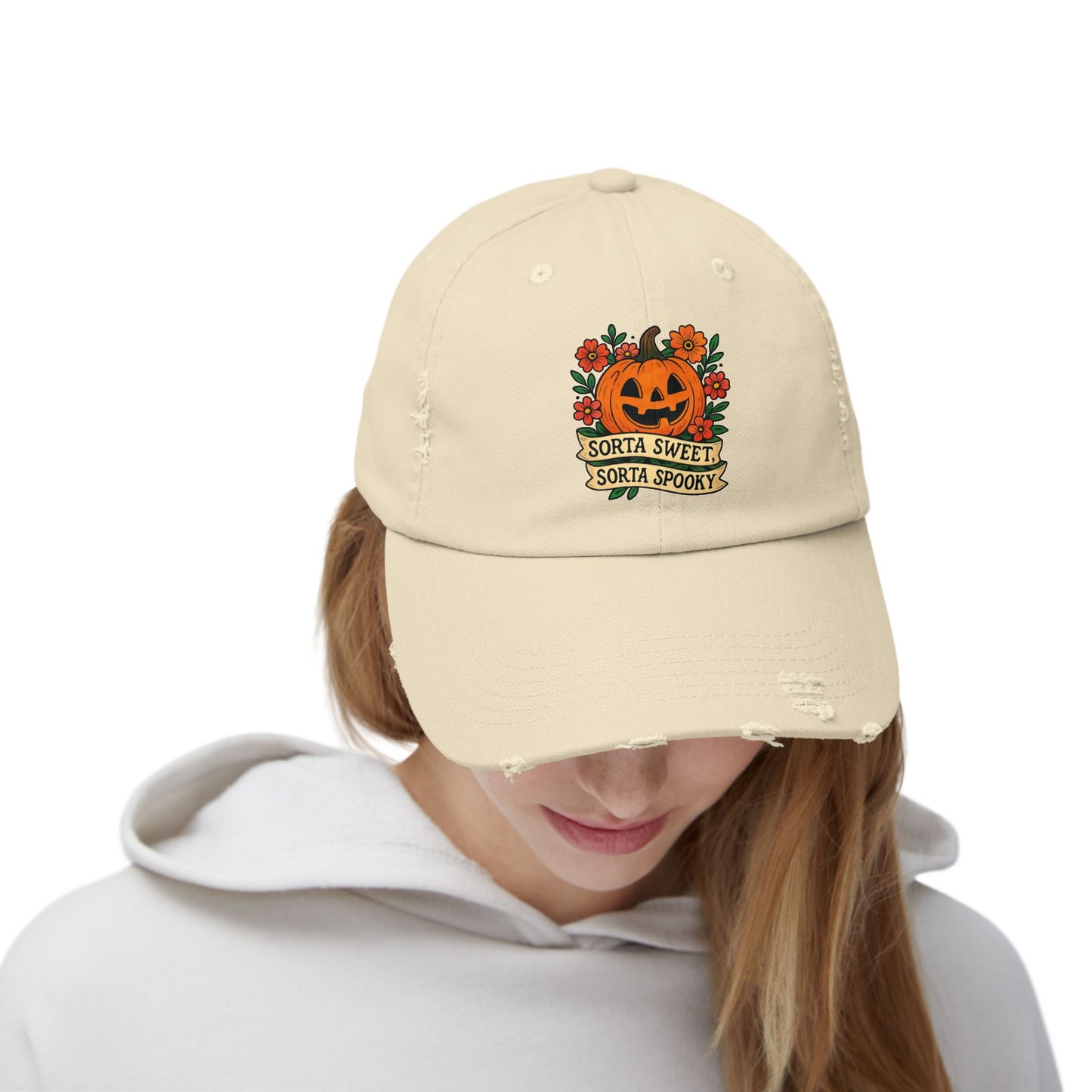 Cute Pumpkin Design – Sorta Sweet, Sorta Spooky Halloween Artwork Distressed cap