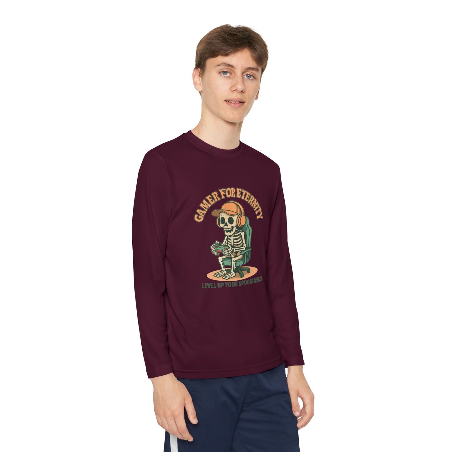 Youth Long Sleeve Gamer Tee | Spooky Skeleton Theme, Perfect for Halloween or Gaming Events, Kids Graphic Shirt, Unisex Casual Wear, Kids Long Sleeves