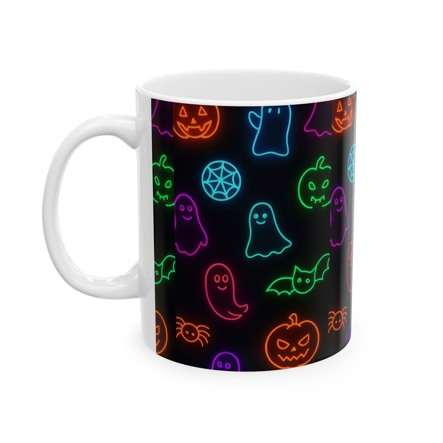 Neon Halloween Pattern | Cute Ghosts, Pumpkins & Bats Glow Design Ceramic Mug