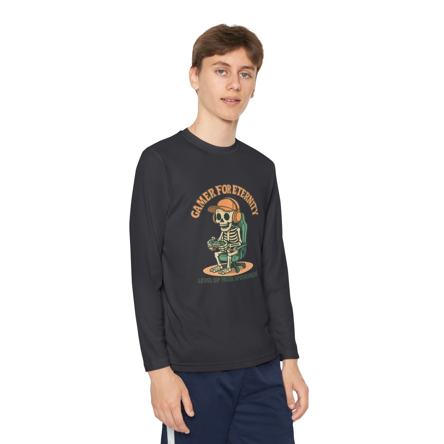Youth Long Sleeve Gamer Tee | Spooky Skeleton Theme, Perfect for Halloween or Gaming Events, Kids Graphic Shirt, Unisex Casual Wear, Kids Long Sleeves