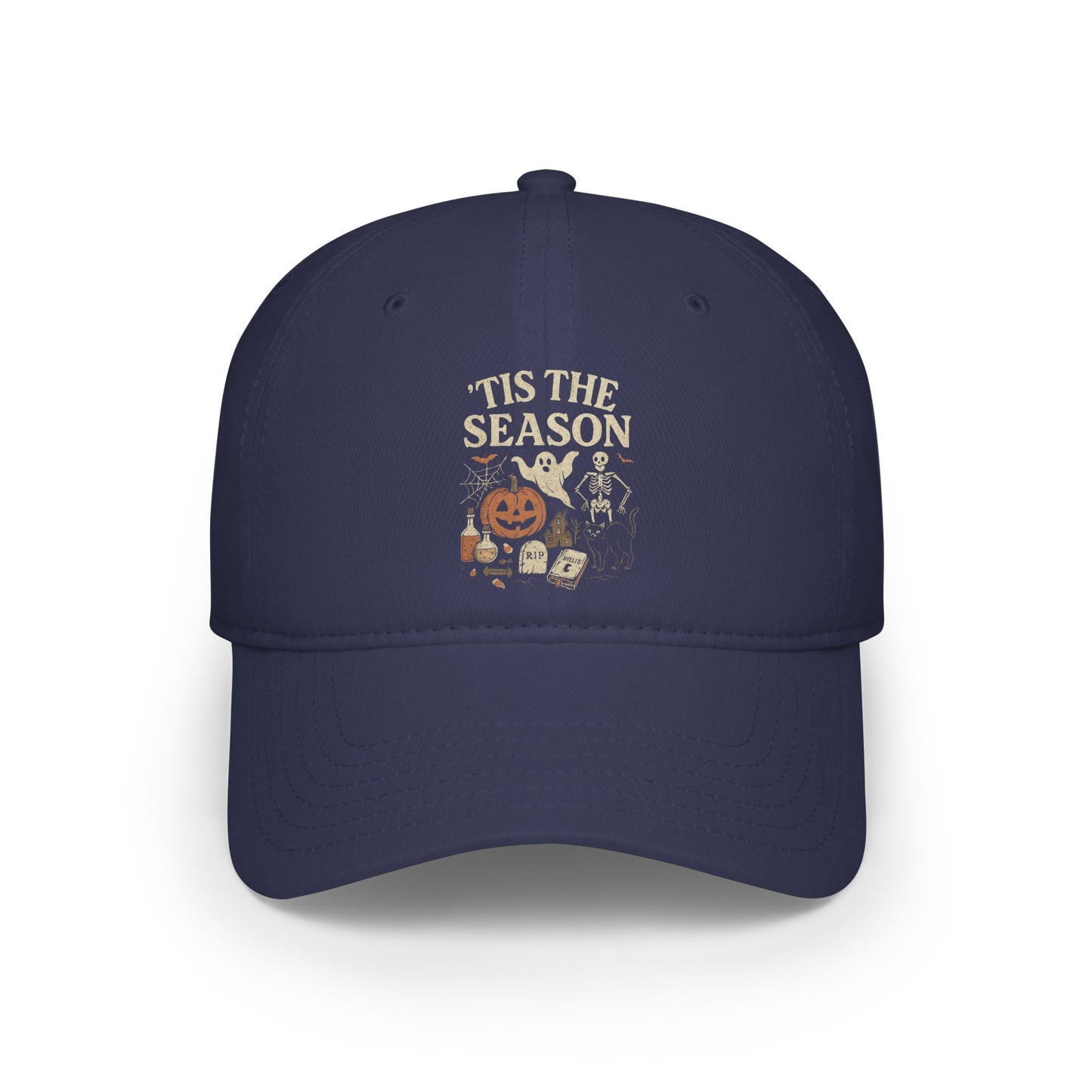 ‘Tis the Season Halloween  | Vintage Spooky Season Shirt with Ghost, Skeleton & Pumpkin | Retro Halloween Graphic Tee for Fall Baseball Caps