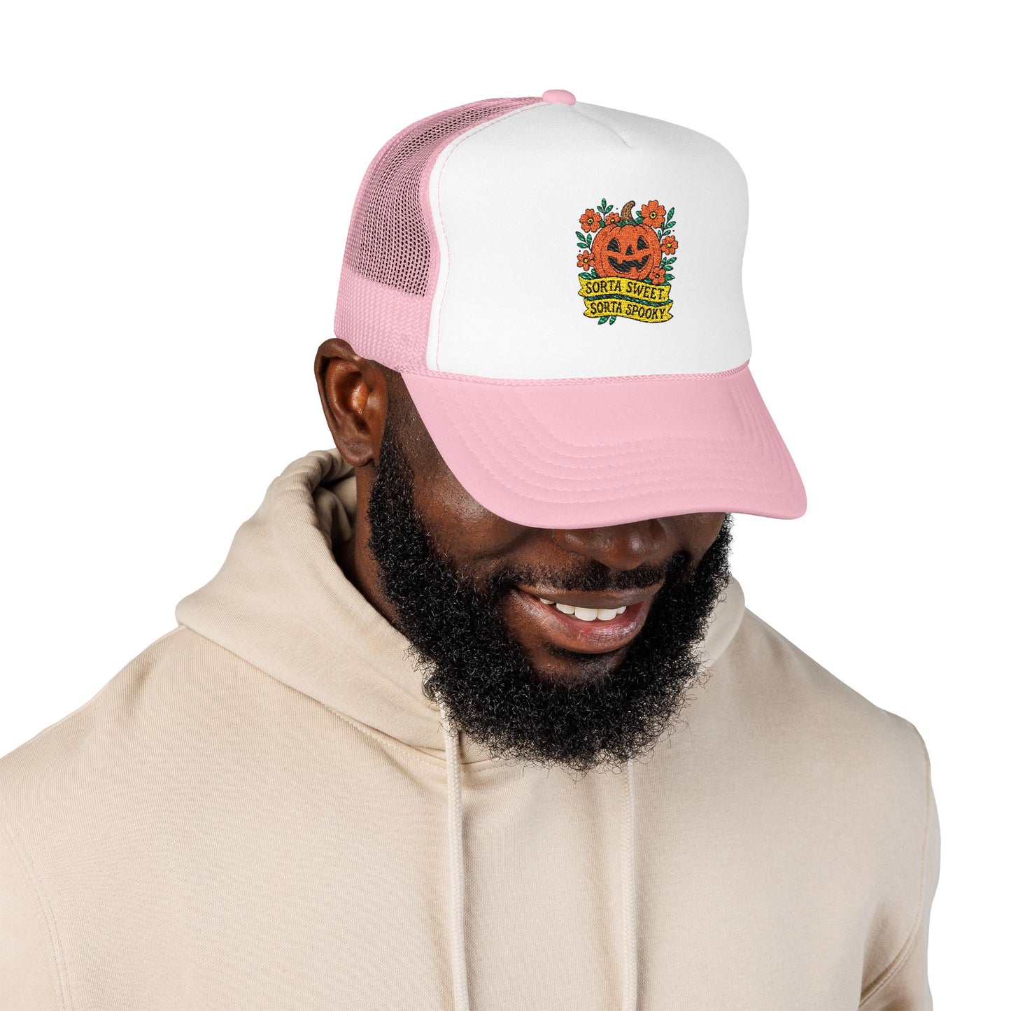 Cute Pumpkin Design – Sorta Sweet, Sorta Spooky Halloween Artwork Trucker Hat Embroidered