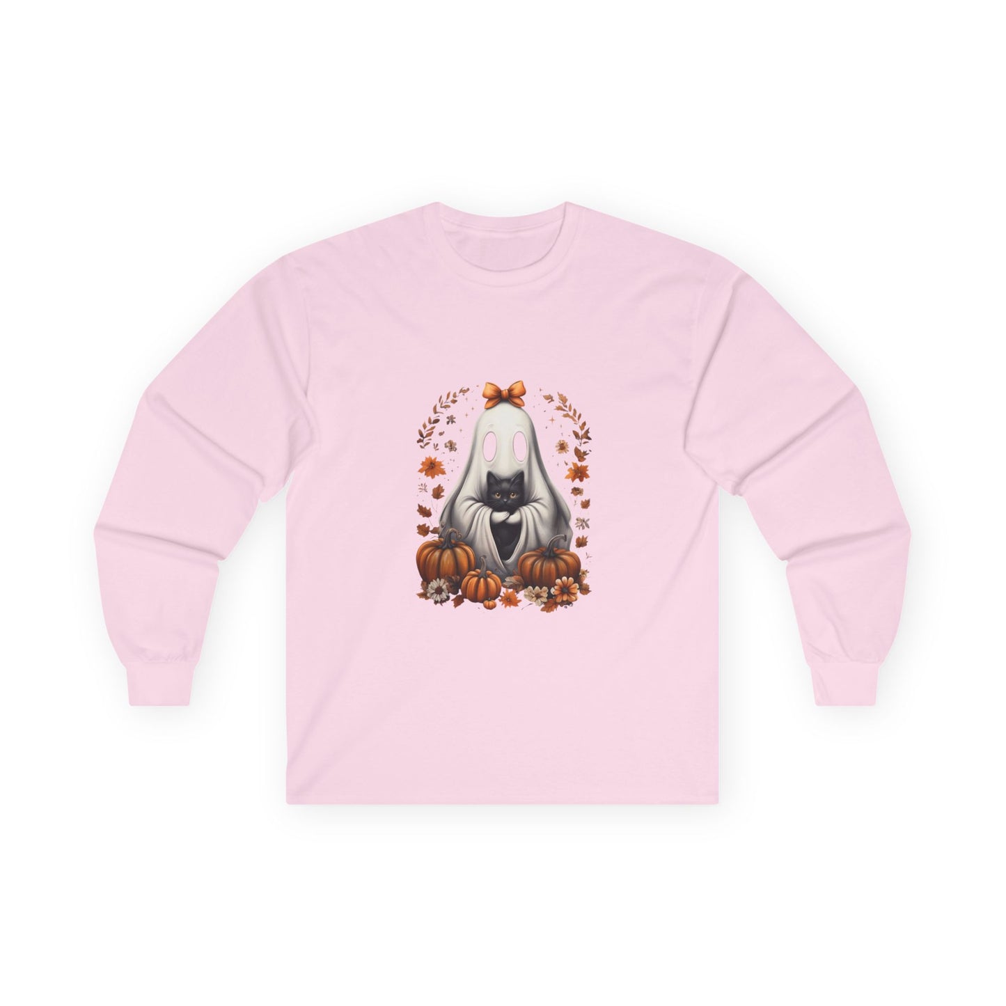 Cute Ghost and Black Cat Halloween T-Shirt | Cozy Fall Pumpkin Shirt | Spooky Season Aesthetic Apparel Gift for Halloween Lovers