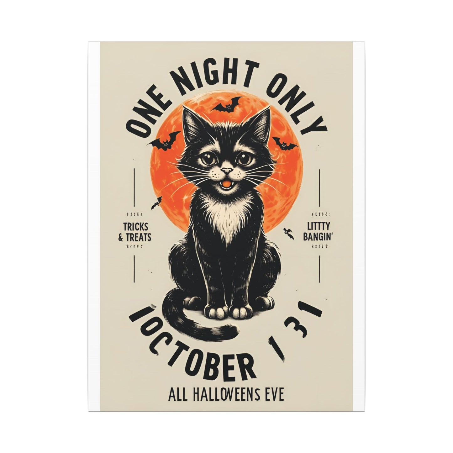 Halloween Black Cat Design | One Night Only October 31 Vintage Artwork Canvas Print
