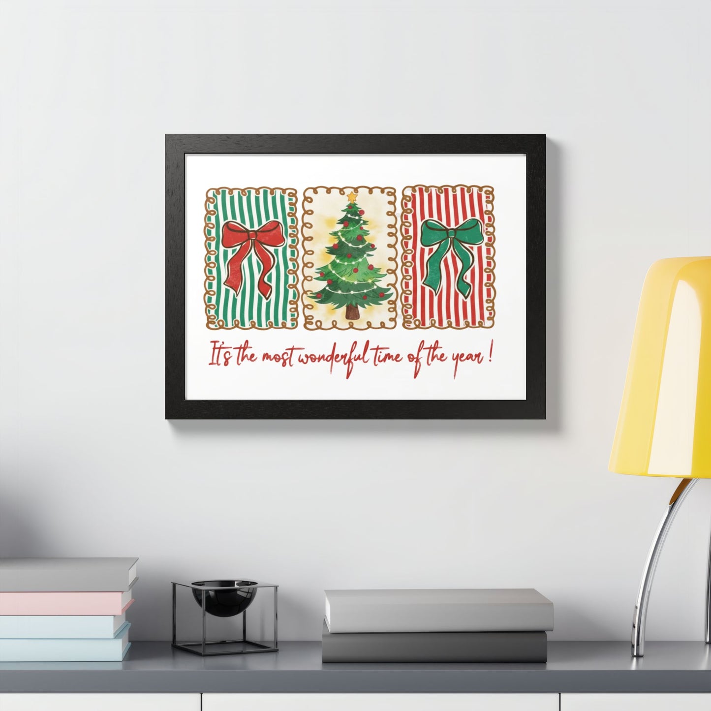 Festive Christmas Tree & Bow Design | It’s the Most Wonderful Time of the Year – Holiday Shirt, Mug, Tote & Home Decor Framed Print