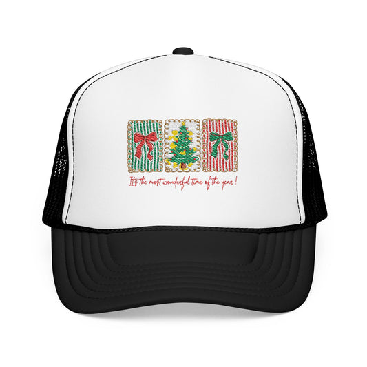 Festive Christmas Tree & Bow Design | It’s the Most Wonderful Time of the Year – Holiday Shirt, Mug, Tote & Home Decor Hat Embroidered