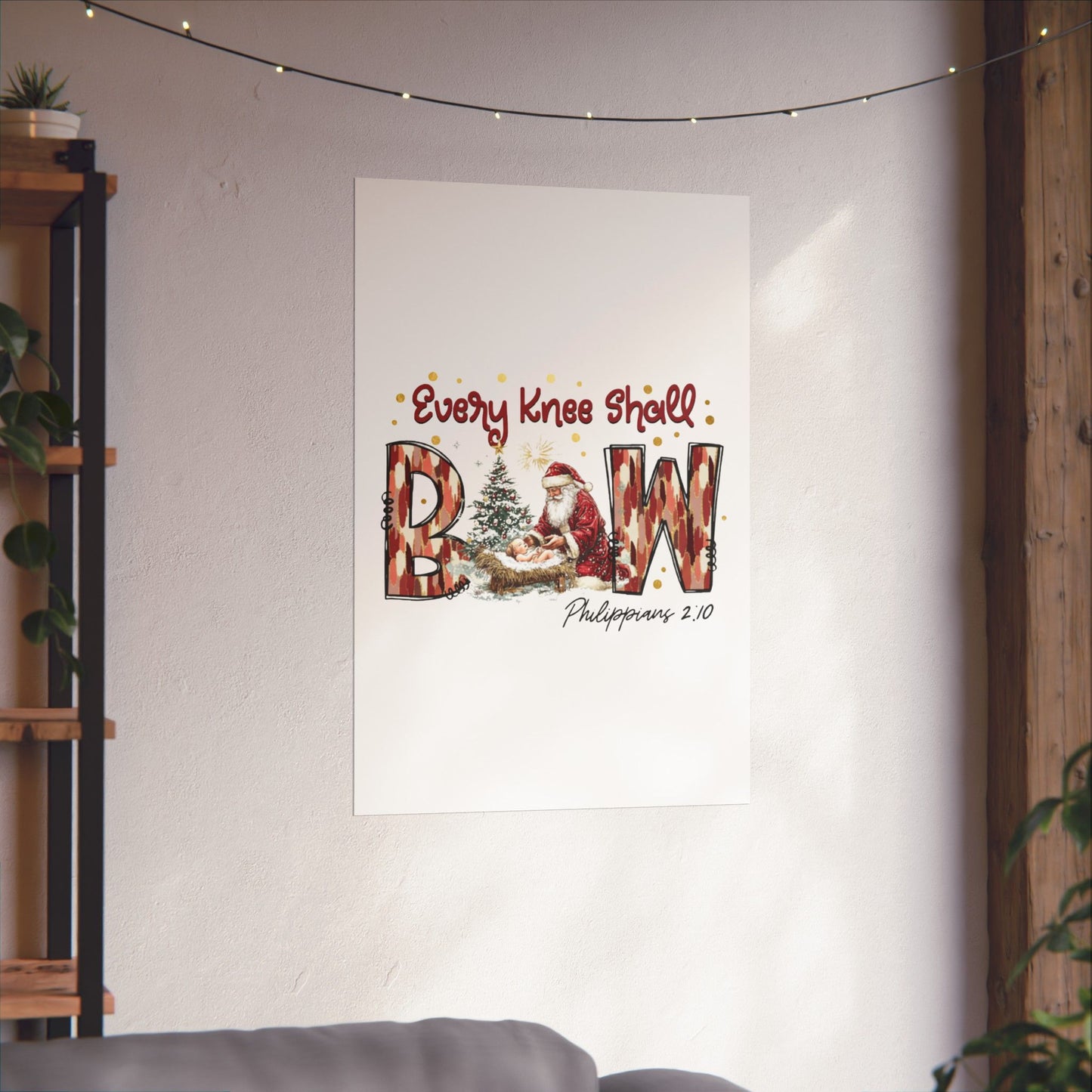 Every Knee Shall Bow Philippians 2:10 | Christian Christmas Design with Santa & Baby Jesus | Faith-Based Holiday Gift Poster