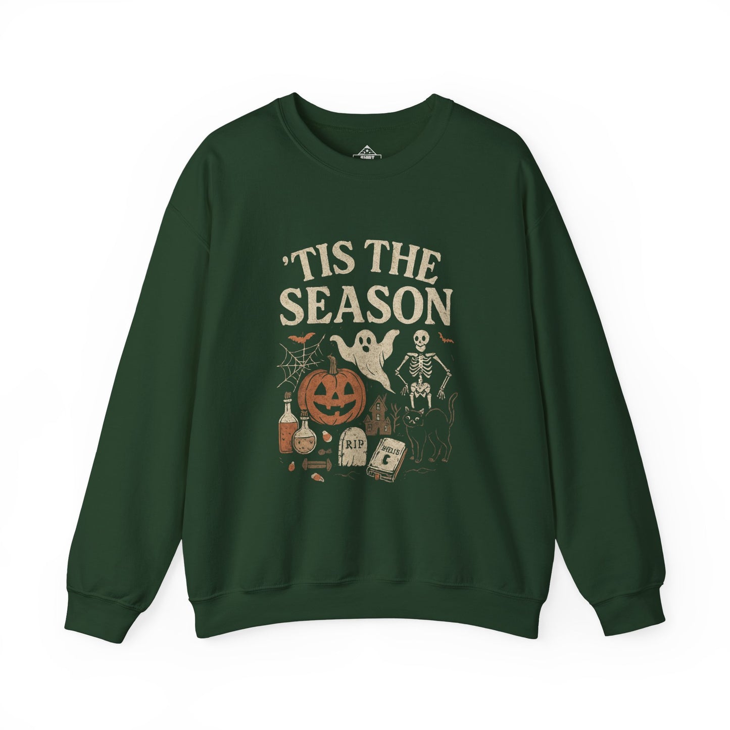 ‘Tis the Season Halloween T‑Shirt | Vintage Spooky Season Shirt with Ghost, Skeleton & Pumpkin | Retro Halloween Graphic Tee for Fall