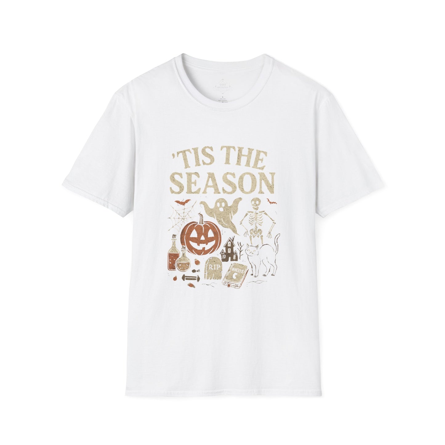 ‘Tis the Season Halloween T‑Shirt | Vintage Spooky Season Shirt with Ghost, Skeleton & Pumpkin | Retro Halloween Graphic Tee for Fall