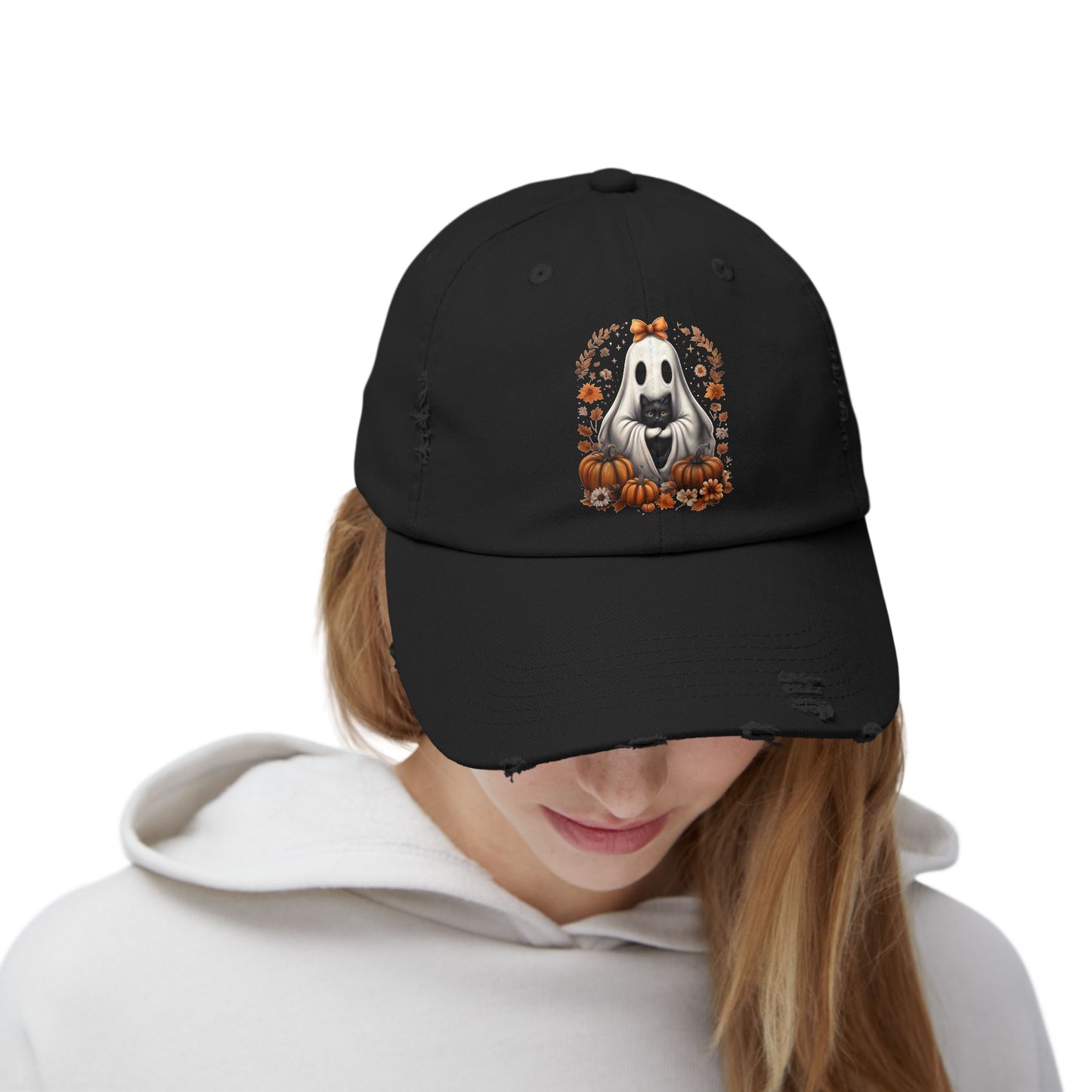 Cute Ghost and Black Cat Halloween T-Shirt | Cozy Fall Pumpkin Shirt | Spooky Season Aesthetic Apparel Gift for Halloween Lovers Distressed cap