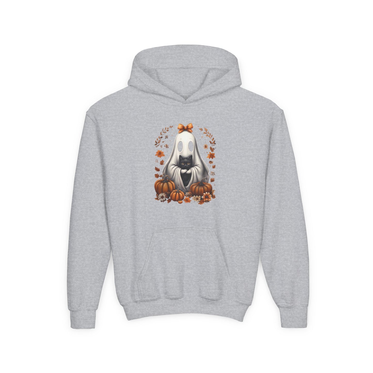 Cute Ghost and Black Cat Halloween T-Shirt | Cozy Fall Pumpkin Shirt | Spooky Season Aesthetic Apparel Gift for Halloween Lovers Kids Hoodie