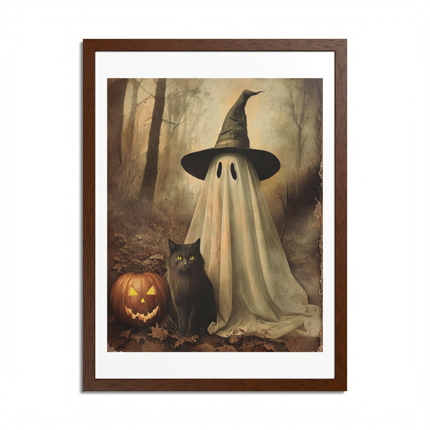 Halloween Framed Poster, Ghost and Cat Art, Spooky Home Decor, Fall Decoration, Trick or Treat, Halloween Wall Art, Framed Print