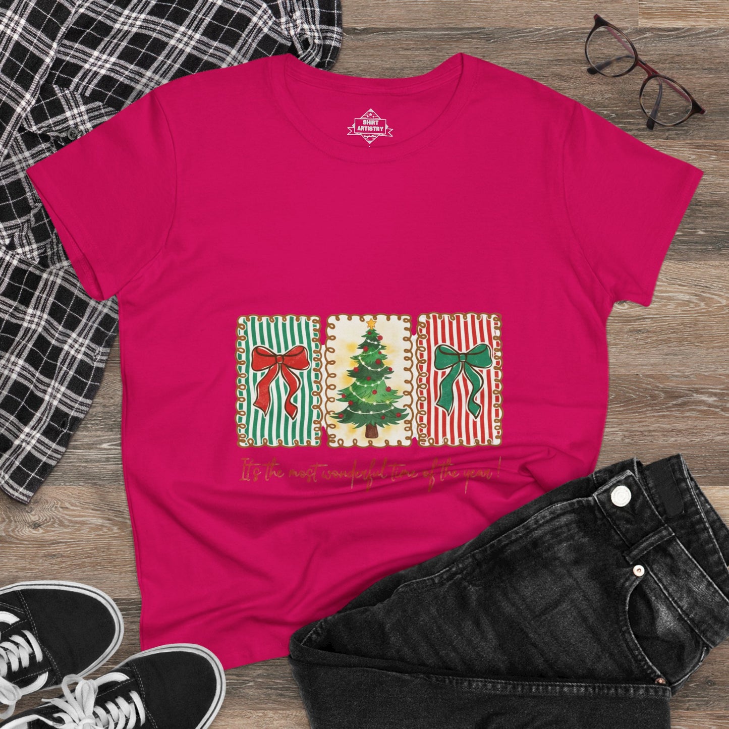 Festive Christmas Tree & Bow Design | It’s the Most Wonderful Time of the Year – Holiday Shirt, Mug, Tote & Home Decor
