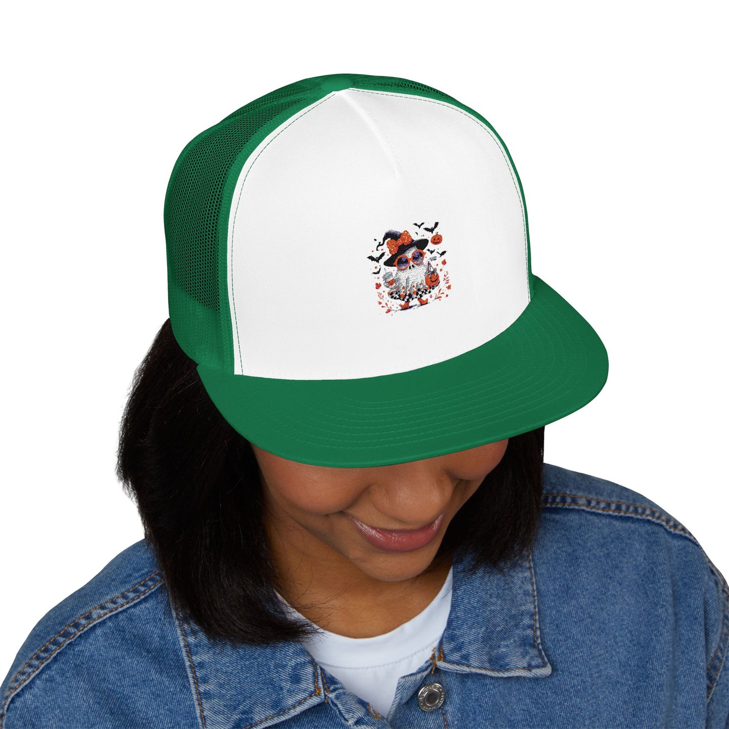 Cute Halloween Ghost T-Shirt | Trendy Witch Ghost Outfit | Spooky Fall Shirt for Women | Pumpkin Aesthetic Halloween Apparel Gift 5 Panel Trucker