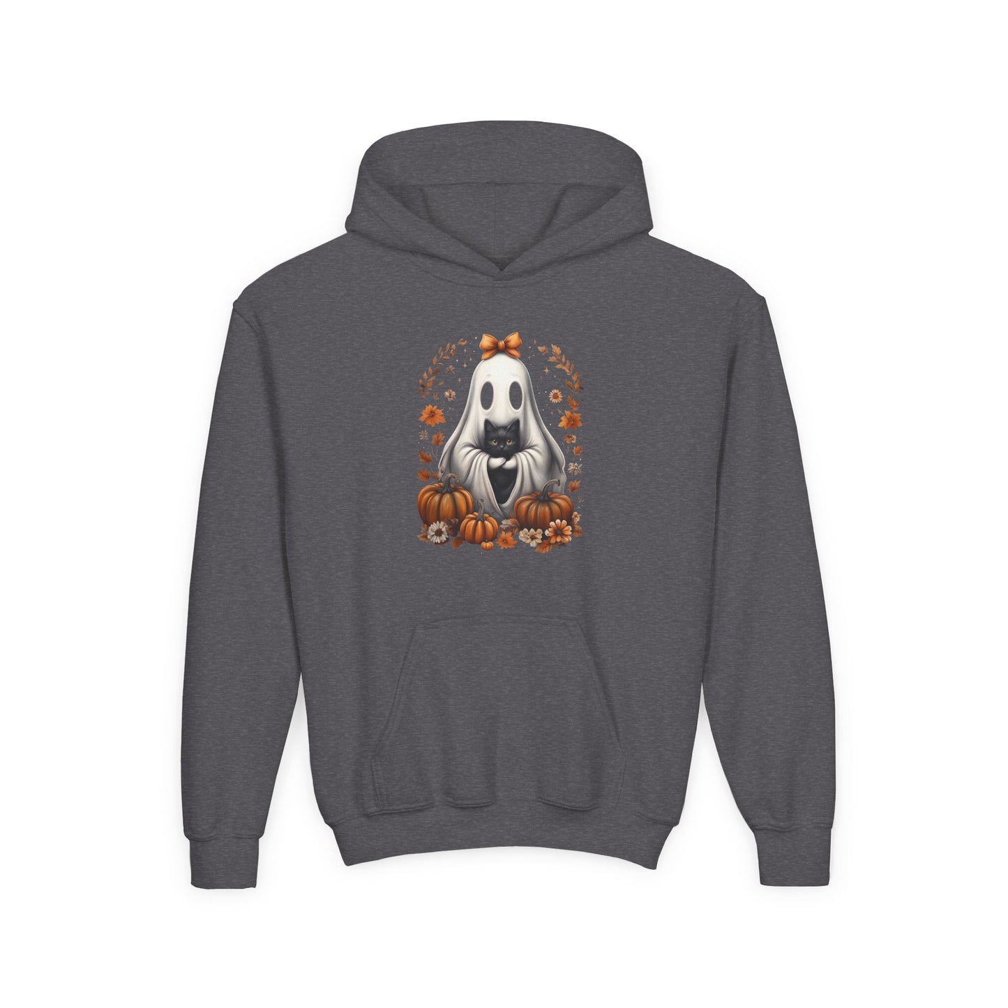 Cute Ghost and Black Cat Halloween T-Shirt | Cozy Fall Pumpkin Shirt | Spooky Season Aesthetic Apparel Gift for Halloween Lovers Kids Hoodie