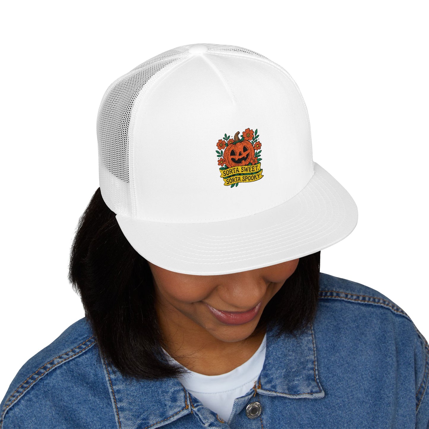 Cute Pumpkin Design – Sorta Sweet, Sorta Spooky Halloween Artwork 5 Panel Trucker