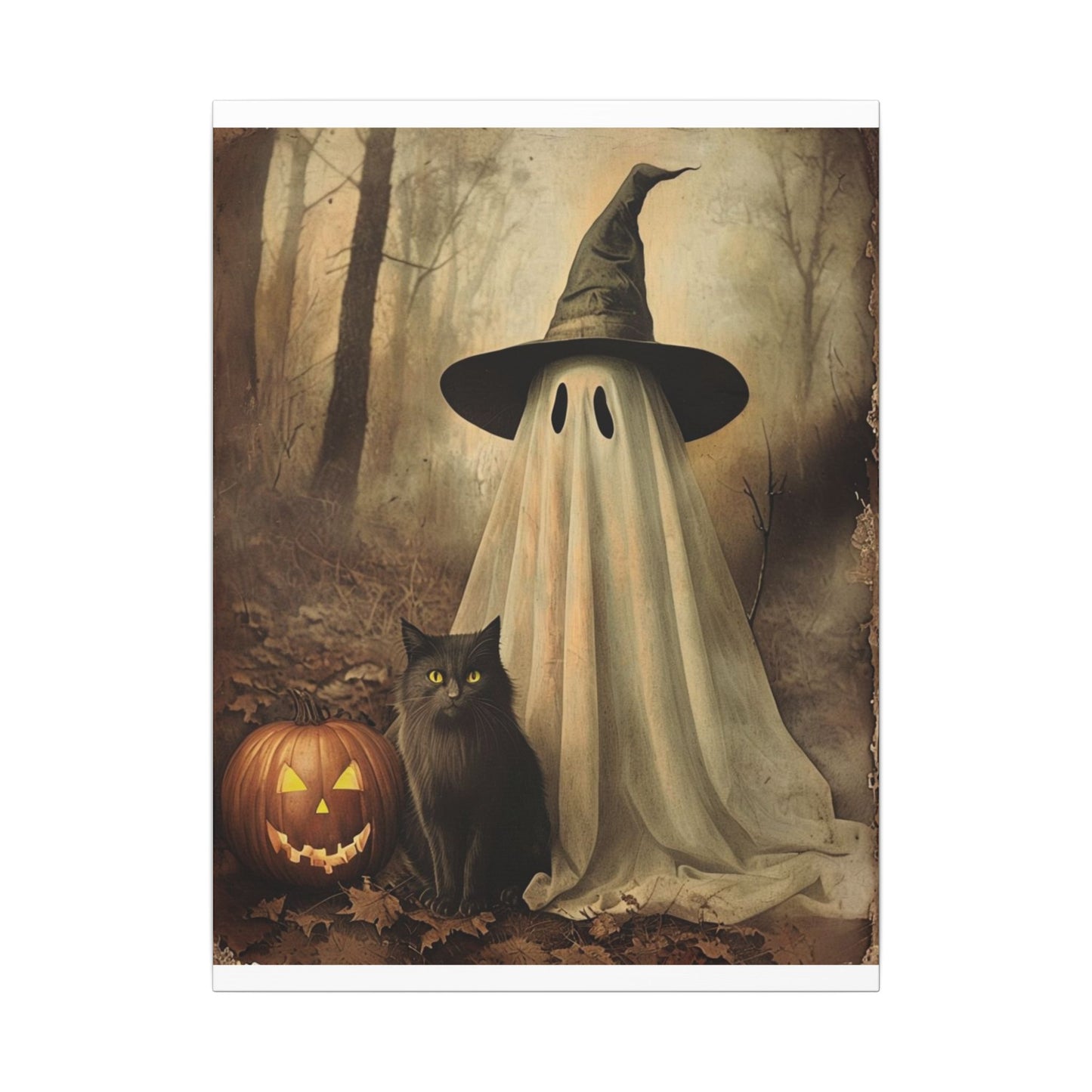 Halloween Ghost Art Canvas Print, Spooky Home Decor, Cat & Pumpkin Wall Art, Witchy Vibe, Fall Season Decoration, Trick or Treat, Canvas Print