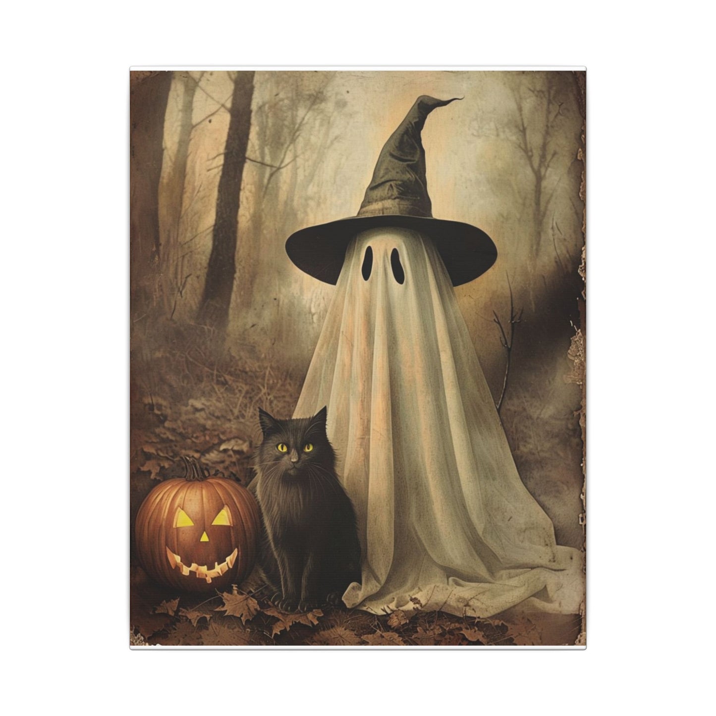 Halloween Ghost Art Canvas Print, Spooky Home Decor, Cat & Pumpkin Wall Art, Witchy Vibe, Fall Season Decoration, Trick or Treat, Canvas Print