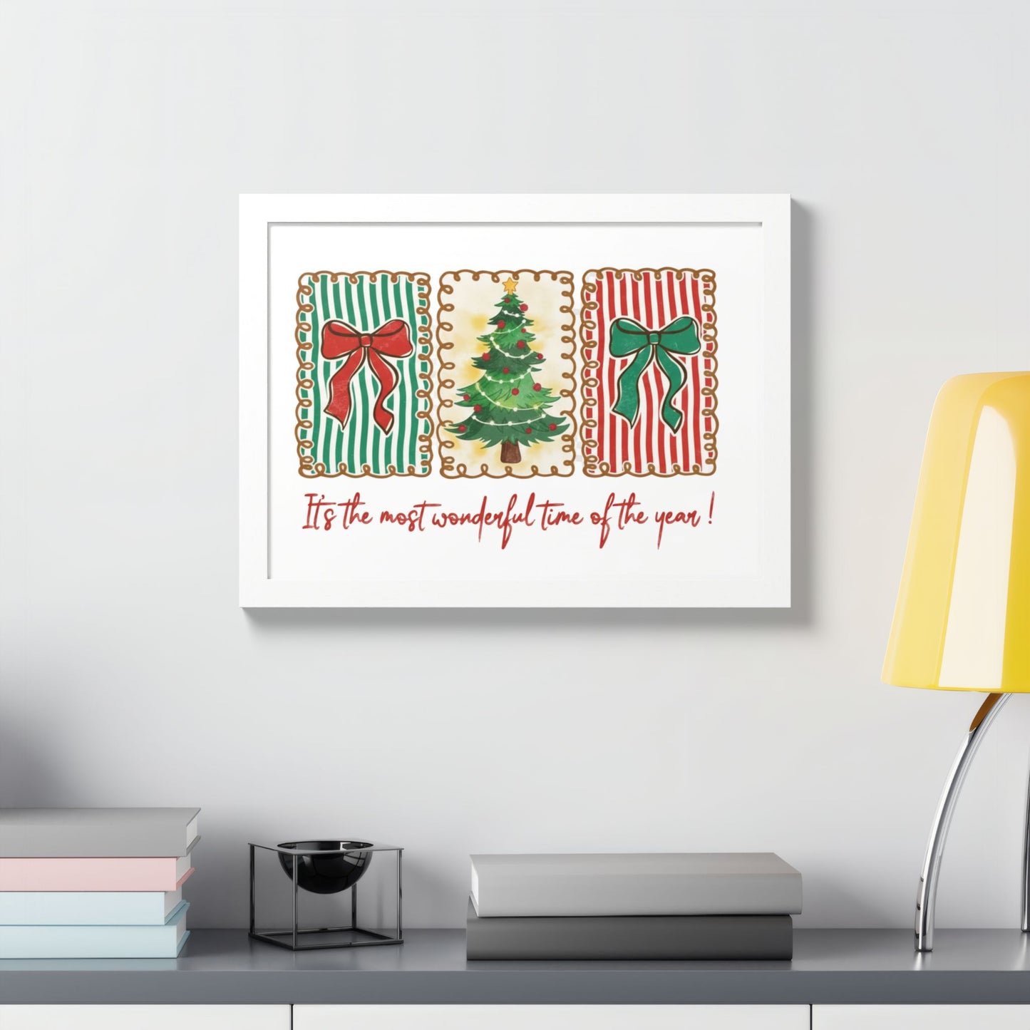 Festive Christmas Tree & Bow Design | It’s the Most Wonderful Time of the Year – Holiday Shirt, Mug, Tote & Home Decor Framed Print