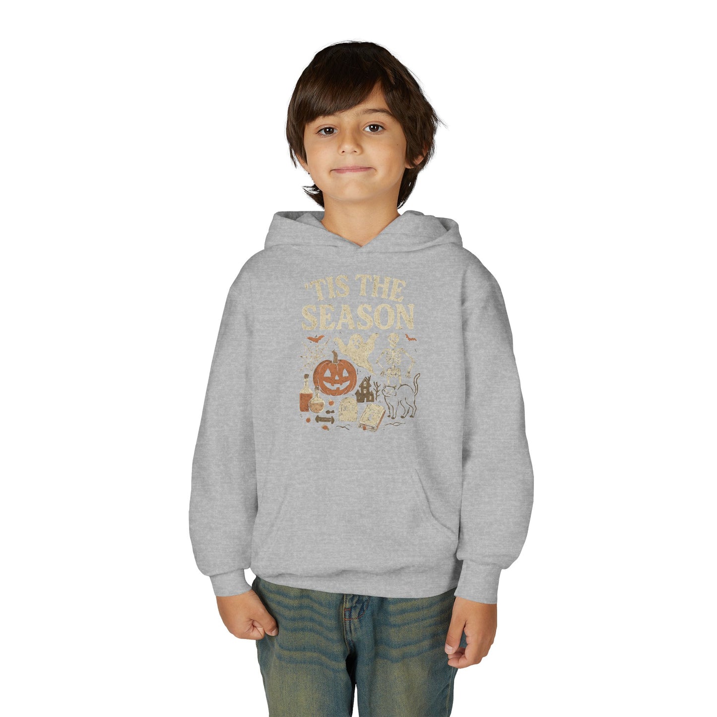 ‘Tis the Season Halloween  | Vintage Spooky Season Shirt with Ghost, Skeleton & Pumpkin | Retro Halloween Graphic Tee for Fall Kids Hoodie