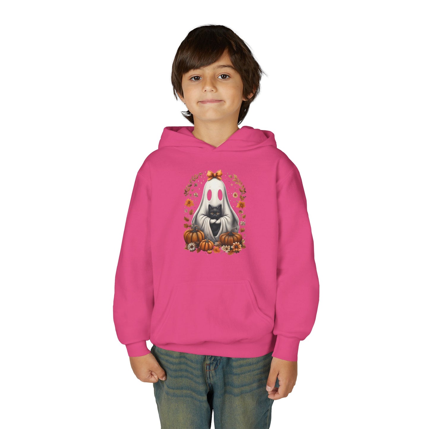 Cute Ghost and Black Cat Halloween T-Shirt | Cozy Fall Pumpkin Shirt | Spooky Season Aesthetic Apparel Gift for Halloween Lovers Kids Hoodie