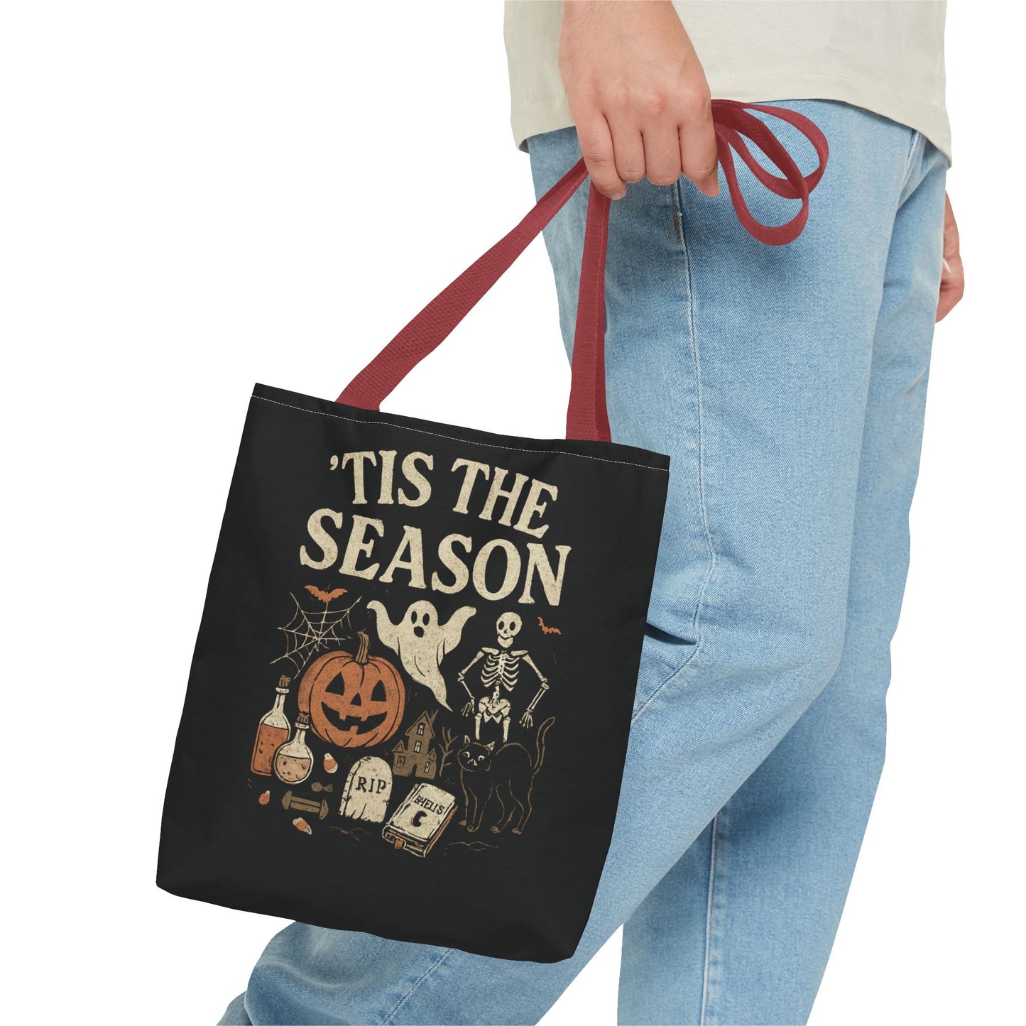 'Tis the Season Halloween Tote Bag, Spooky Bag, Trick or Treat Bag, Autumn Accessories, Ghost & Pumpkin Design Tote Bags