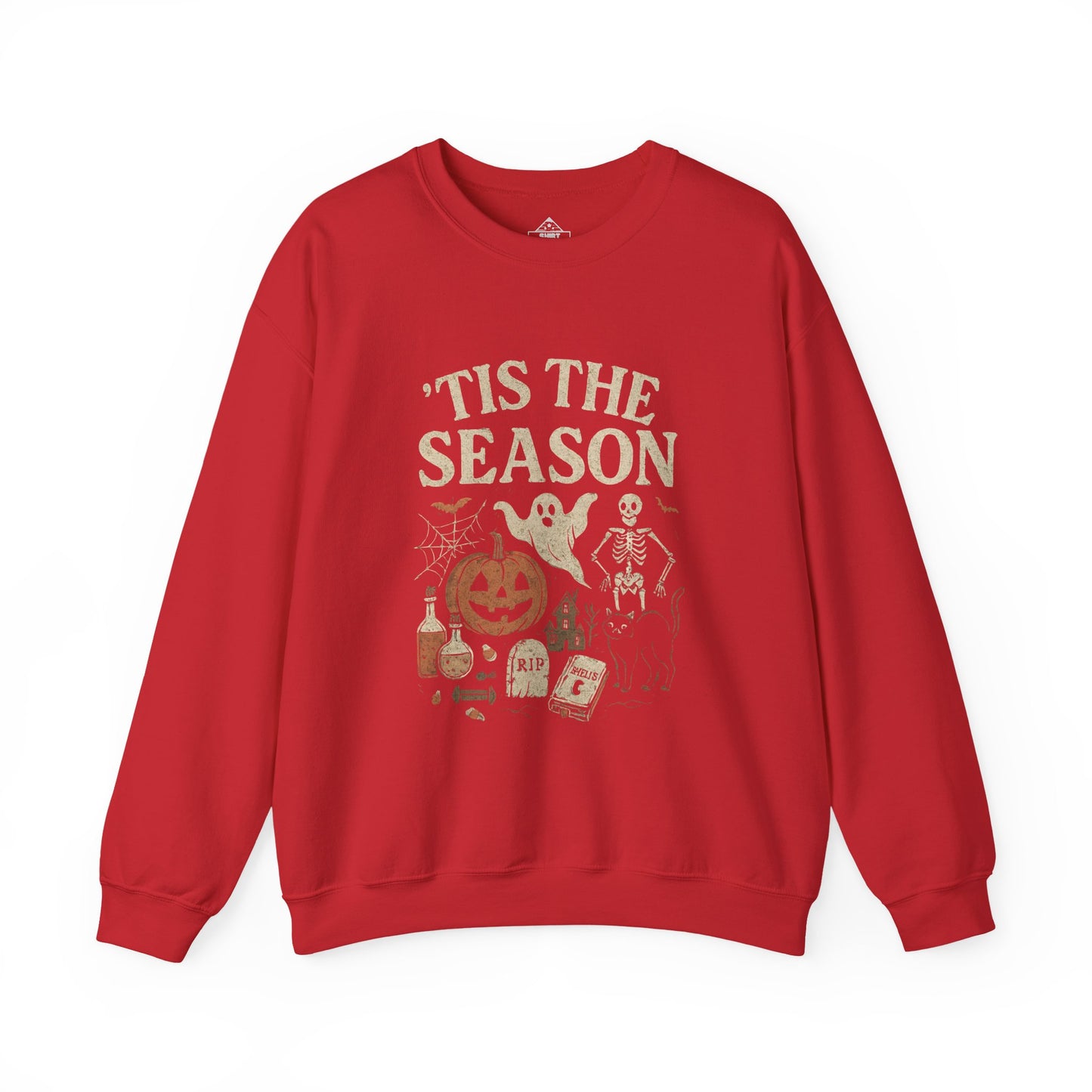 ‘Tis the Season Halloween T‑Shirt | Vintage Spooky Season Shirt with Ghost, Skeleton & Pumpkin | Retro Halloween Graphic Tee for Fall