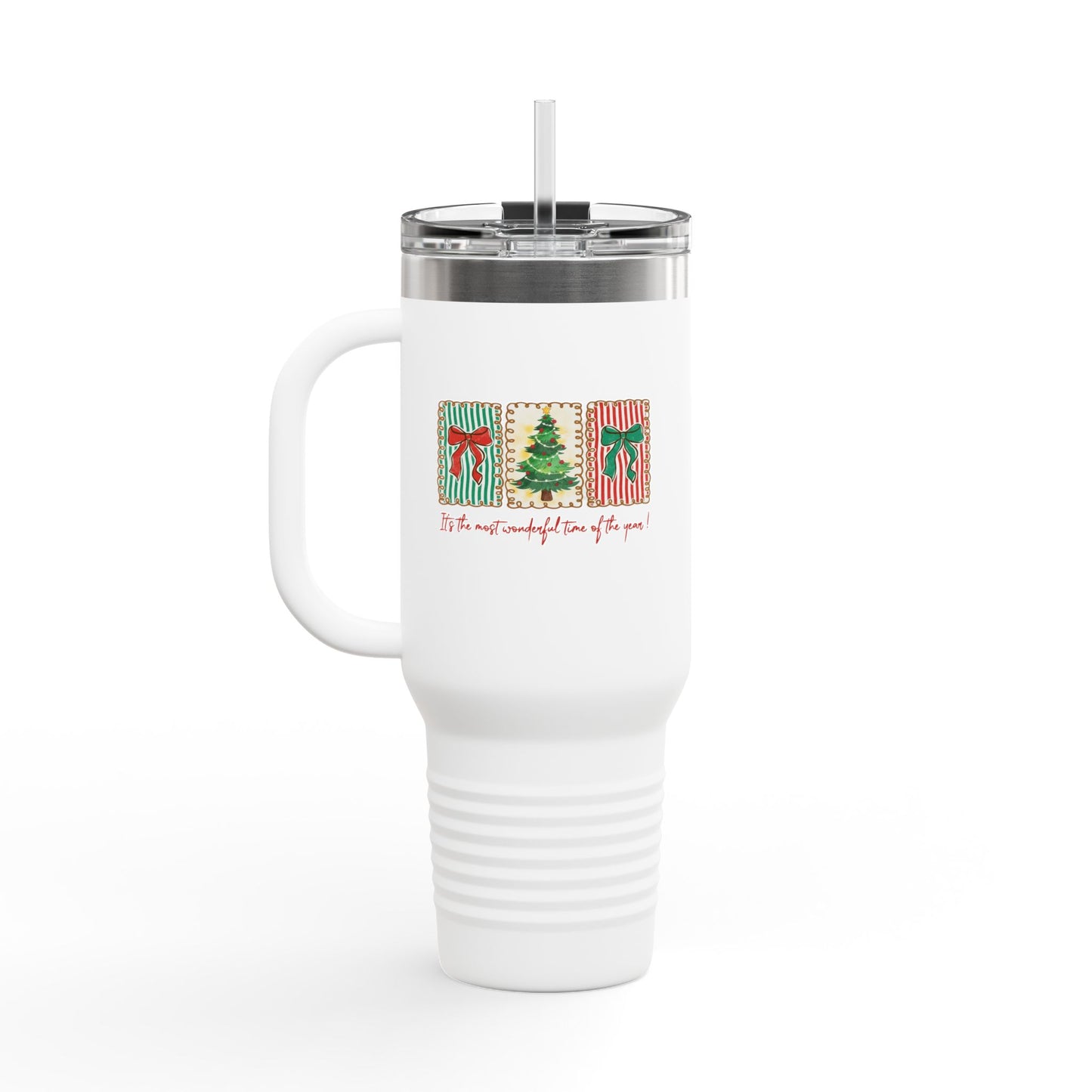 Festive Christmas Tree & Bow Design | It’s the Most Wonderful Time of the Year – Holiday Shirt, Mug, Tote & Home Decor Travel Mug